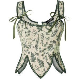 Renaissance Corset Tops Floral Lace Up Beige Green